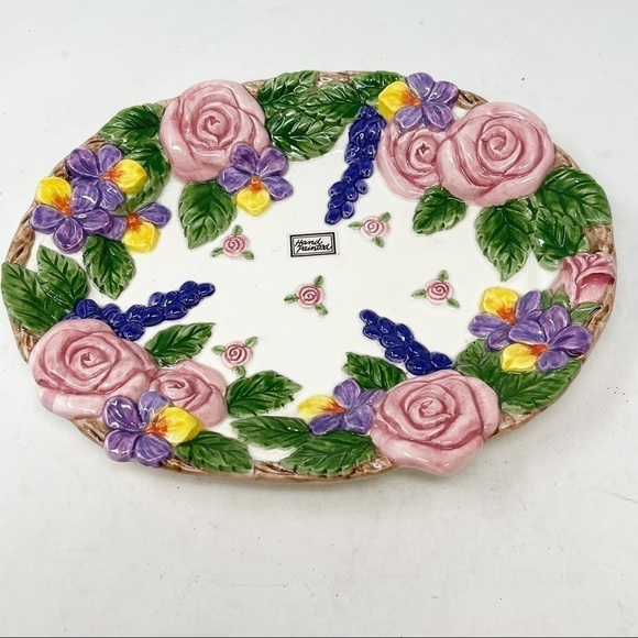 FITZ & FLOYD 1994 Embossed Oval Plate Roses, Violets MAYFAIR Floral 9.5” X 7.5” - Picture 1 of 7